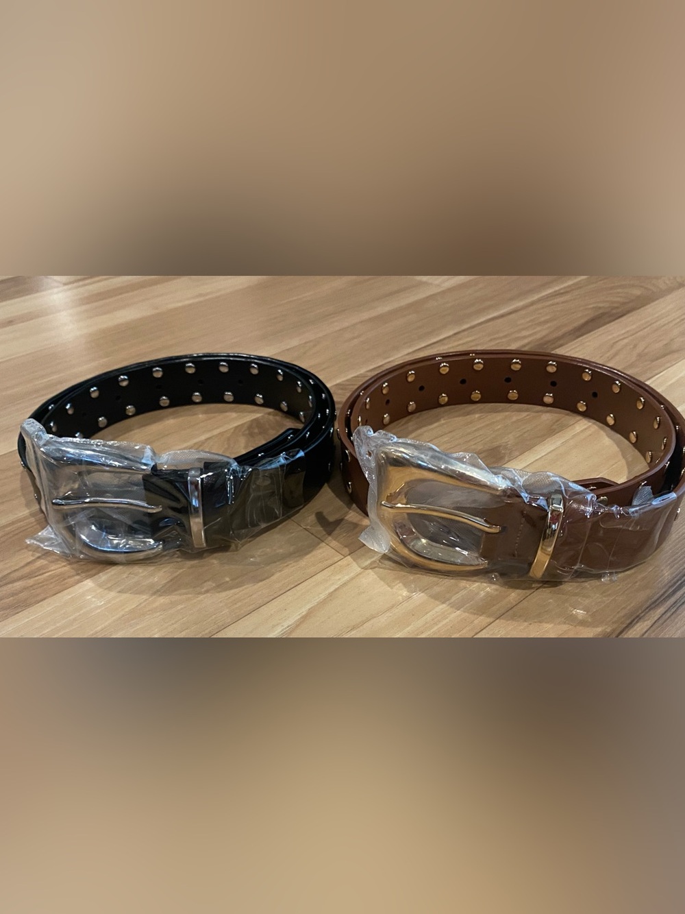 2 Women’s Leather Belt. Black w/ Silver Studs and Brown w/ Gold Studs 38 inches
